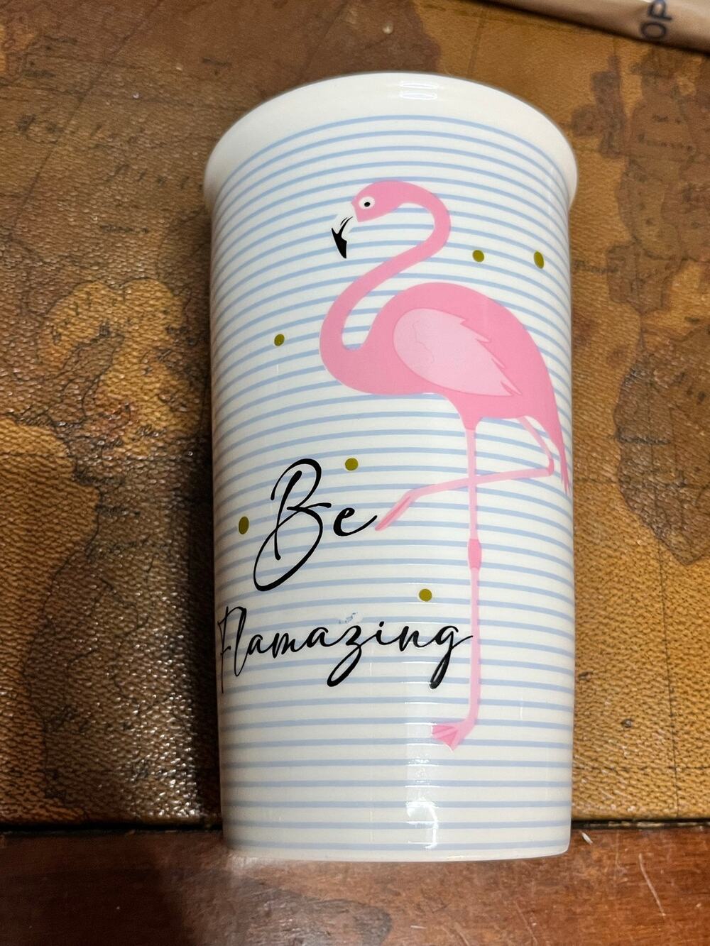 be flamazing flamingo ceramic travel tumbler pink striped 16oz mug with lid